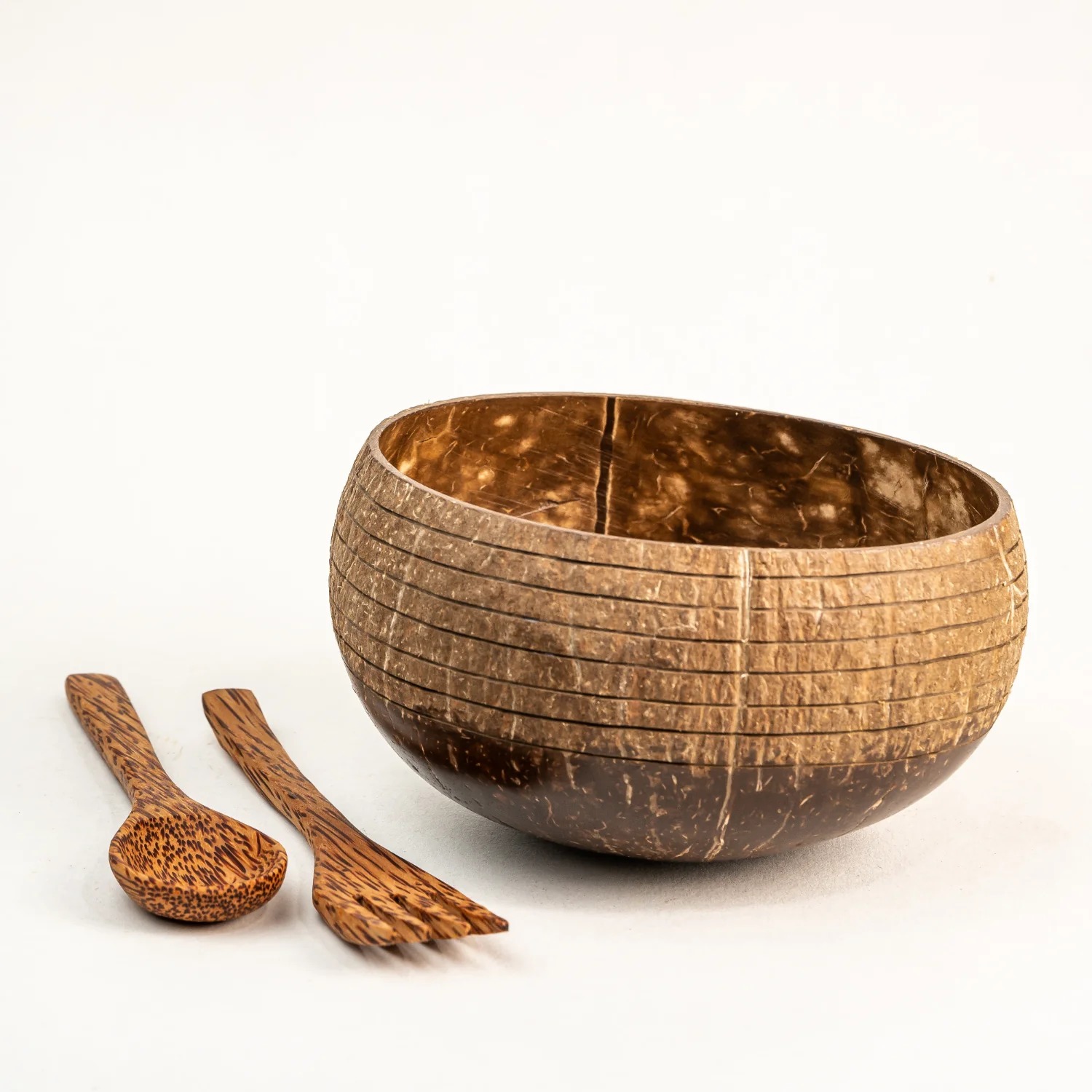 Full carved ring bowl, Bowl with design, 1 Coconut  bowl, 1 wooden spoon, 1 wooden fork