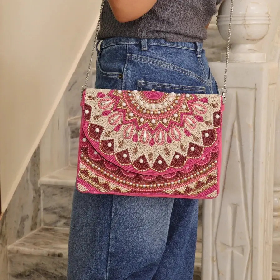 Handbag with Pink crystal design, Covered in pearls and intricate detailing